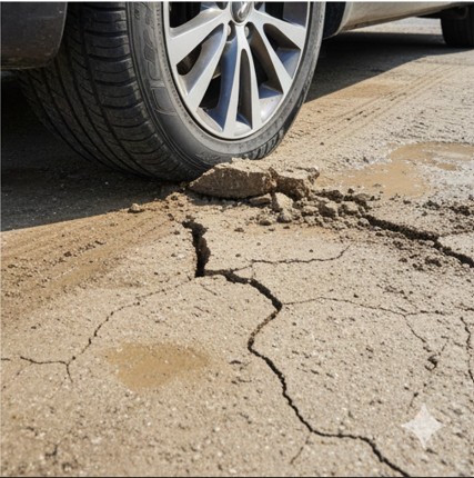 駐車場の重圧とタイヤの摩擦でひび割れ、崩れてしまった固まる真砂土の失敗事例