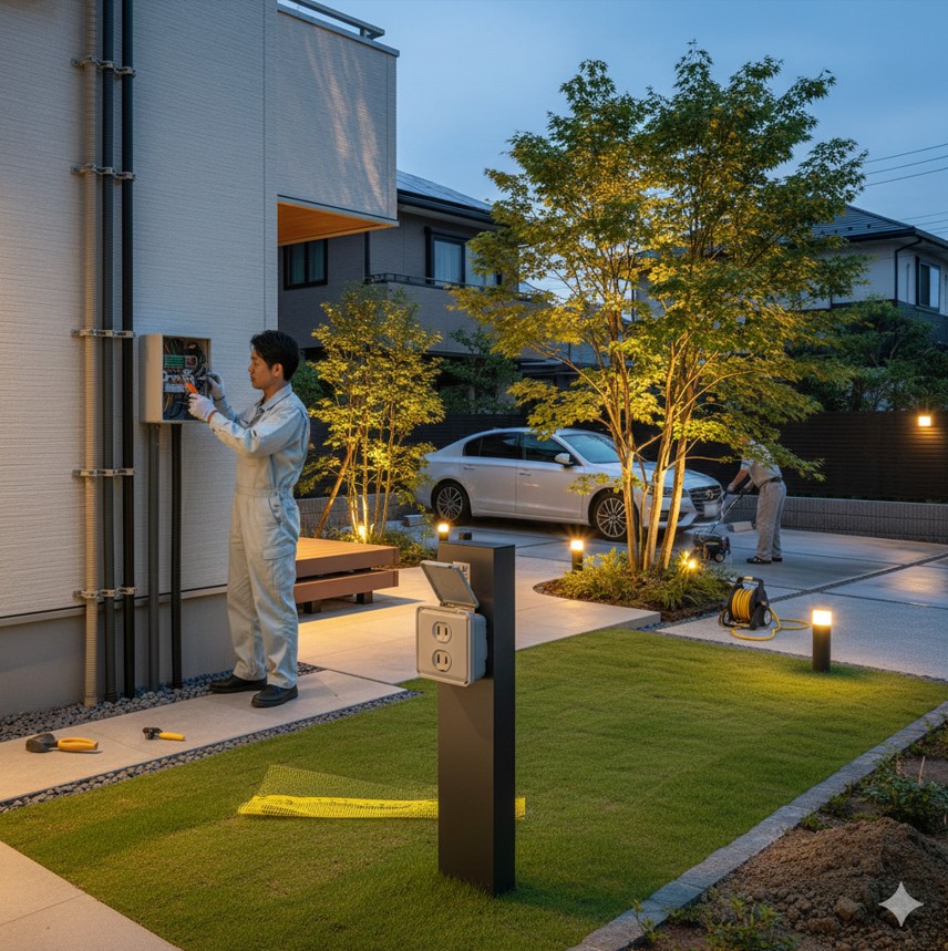 日本人の手が庭の土にソーラータイプのガーデンライトを設置している様子。配線が不要で手軽に設置できるDIYの例