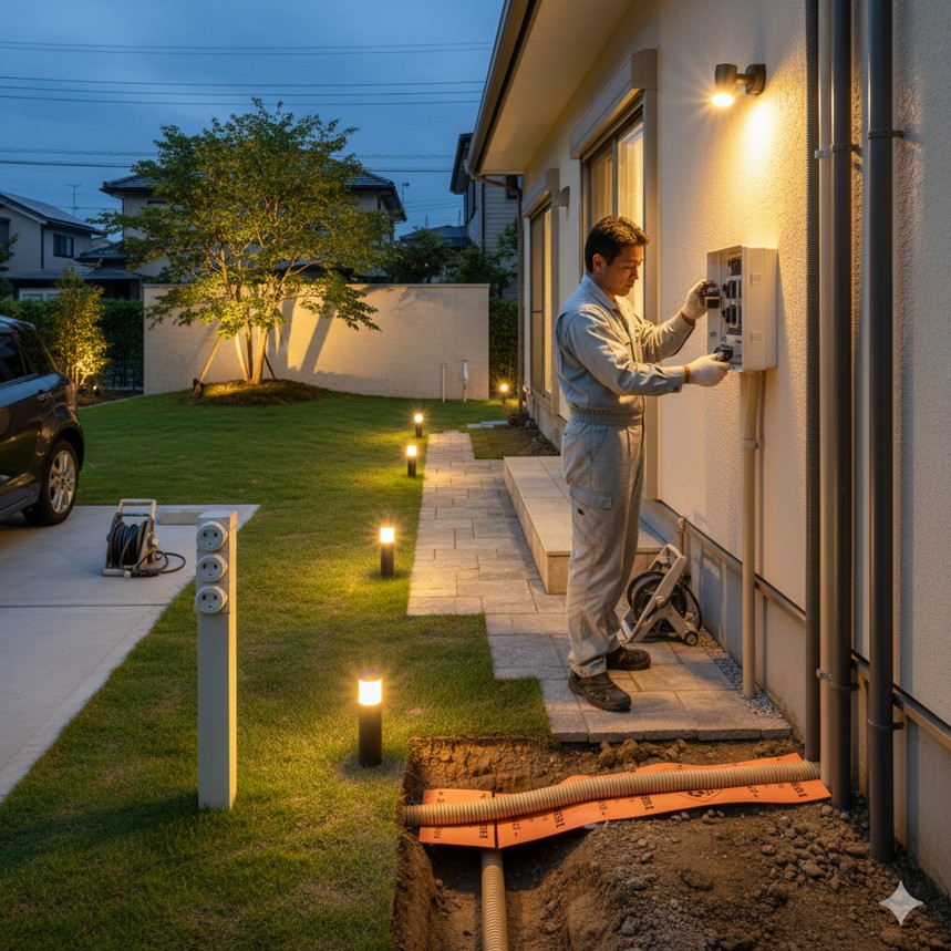 夜の庭で、シンボルツリーが下からのアップライトで劇的に照らし出され、同時にアプローチの足元灯が点灯している効果的な照明配置の例