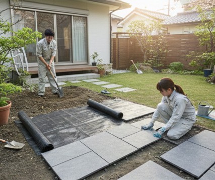 雑草が生えないように防草シートを敷く