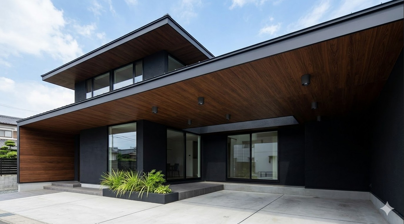 外観の特徴となるフラットな屋根形状