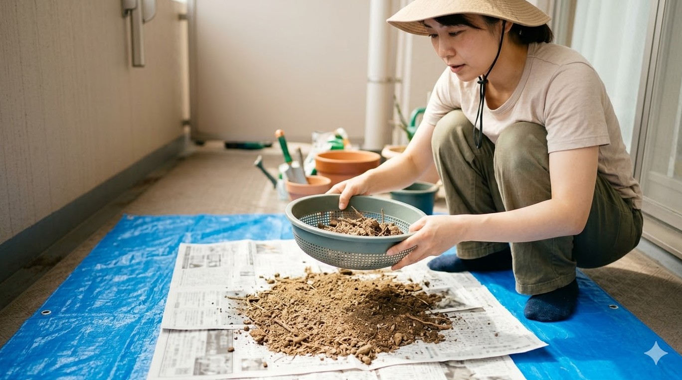 セリアのふるいを活用した古土の再生手順