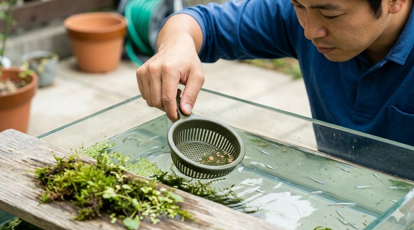 セリアのふるいをメダカ飼育に活用する