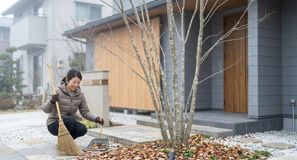 冬期の落葉による景観変化と掃除の負担