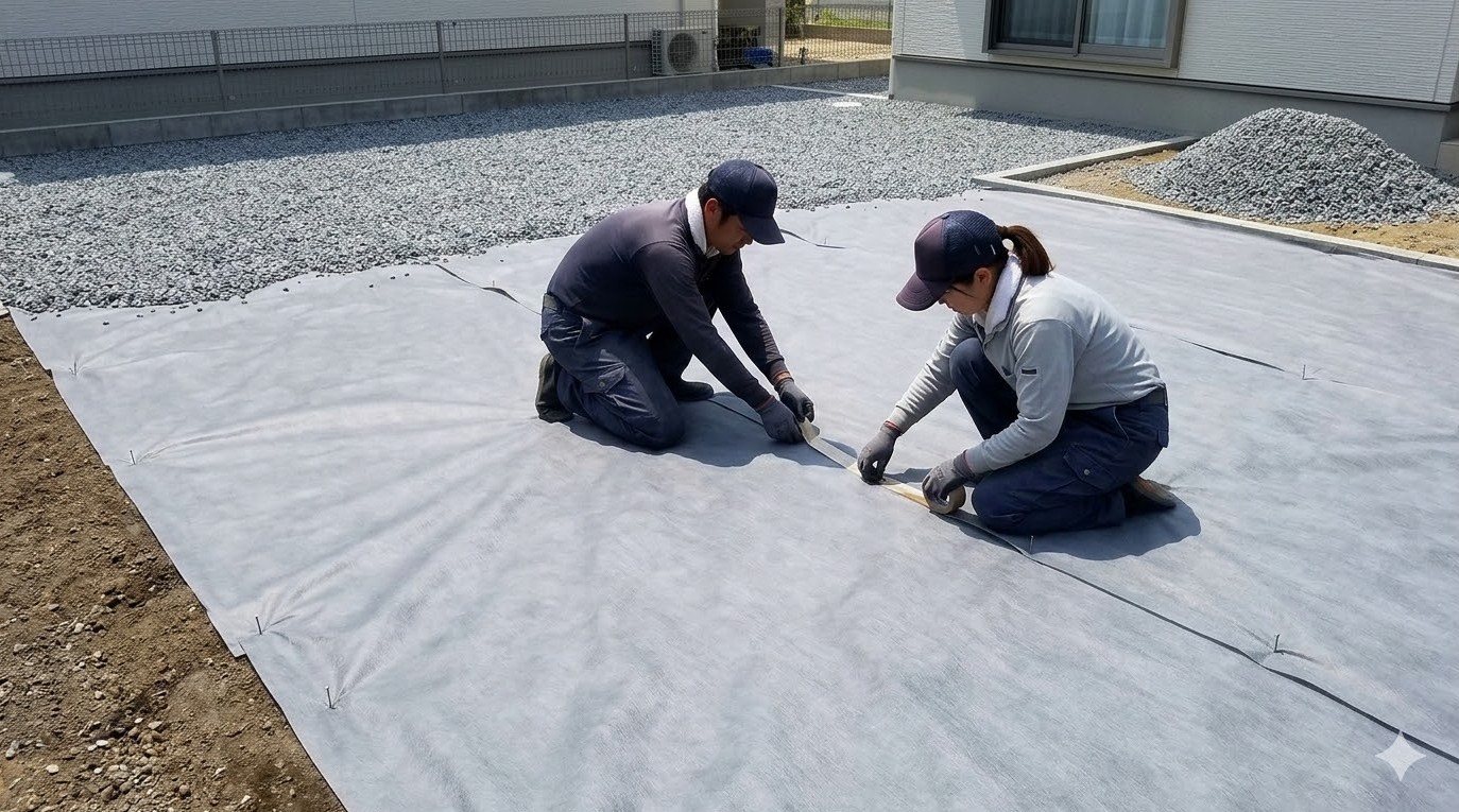 防草シートと砂利による雑草対策