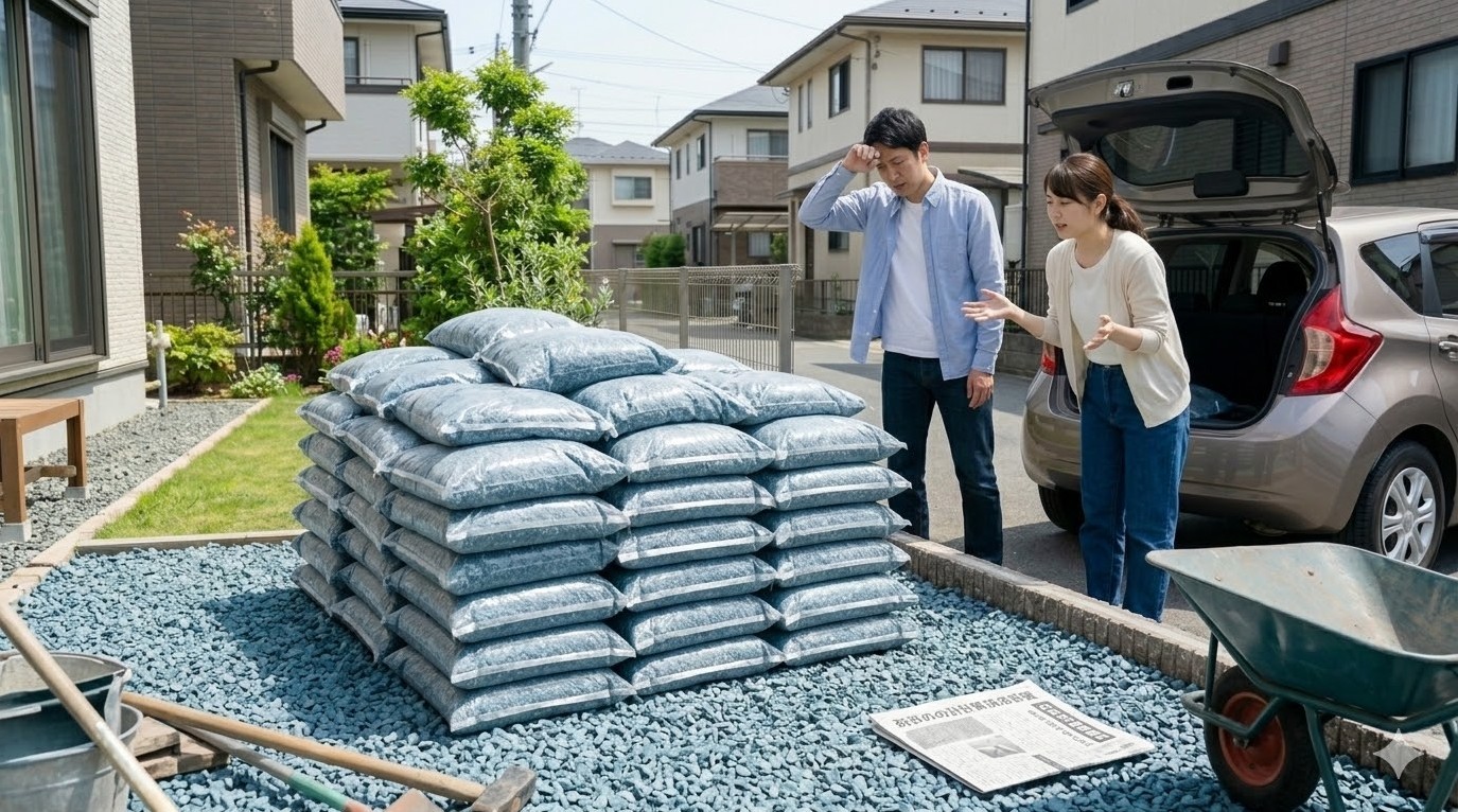 砂利の必要量や何袋かの計算と運搬
