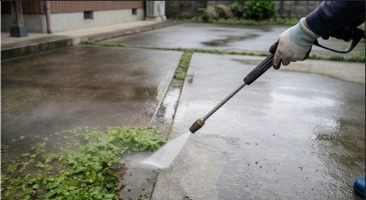 コンクリートのゼニゴケ除去と洗浄
