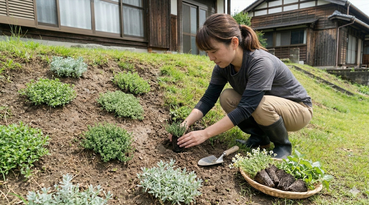 芝生やグランドカバーによる斜面の保護
