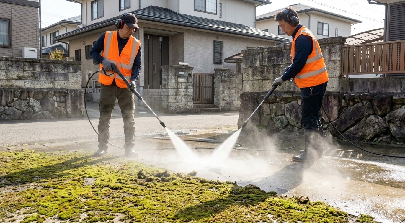 重曹や熱湯を用いた安全な苔駆除法