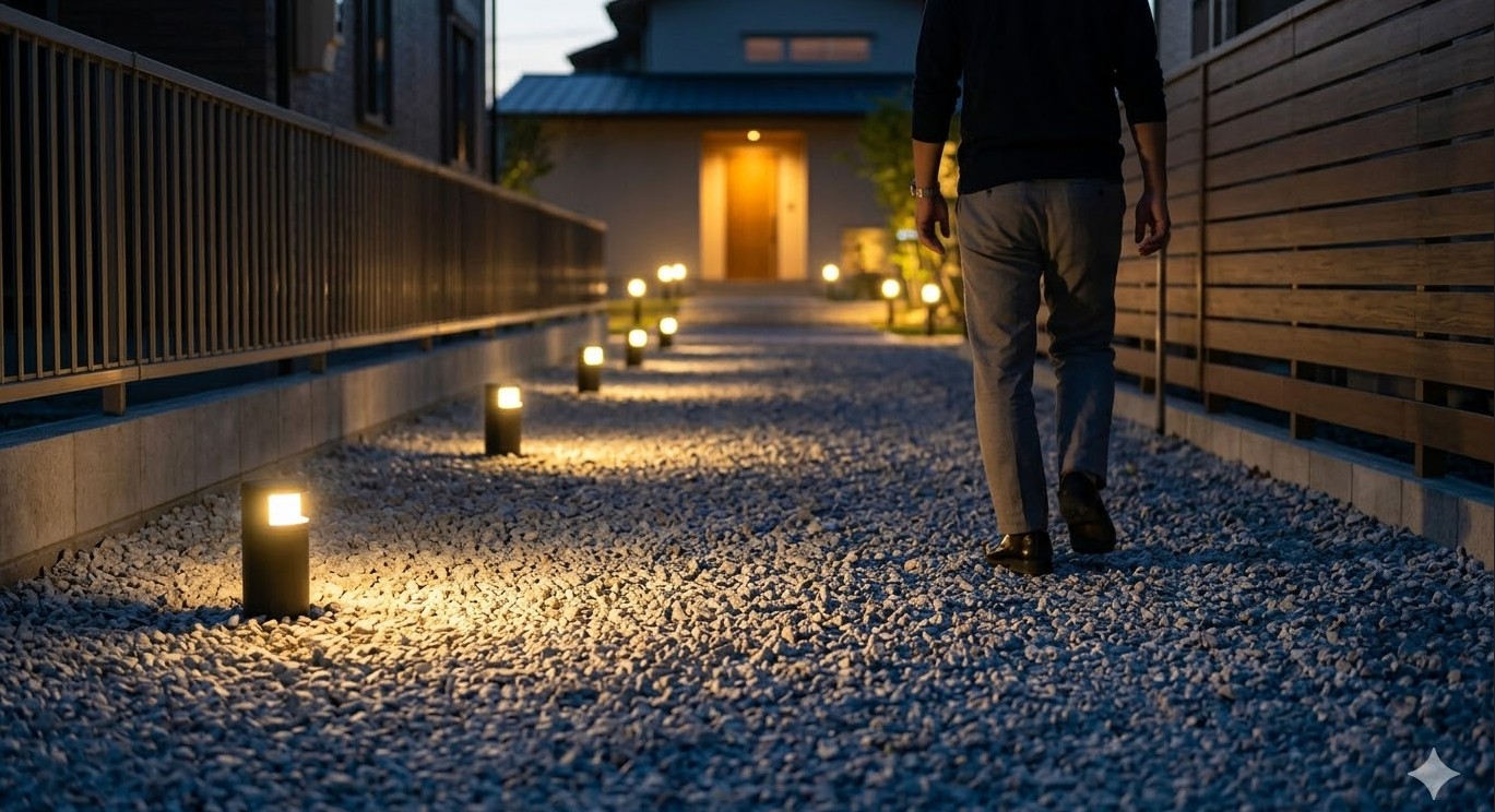 長いアプローチの死角を消す照明術