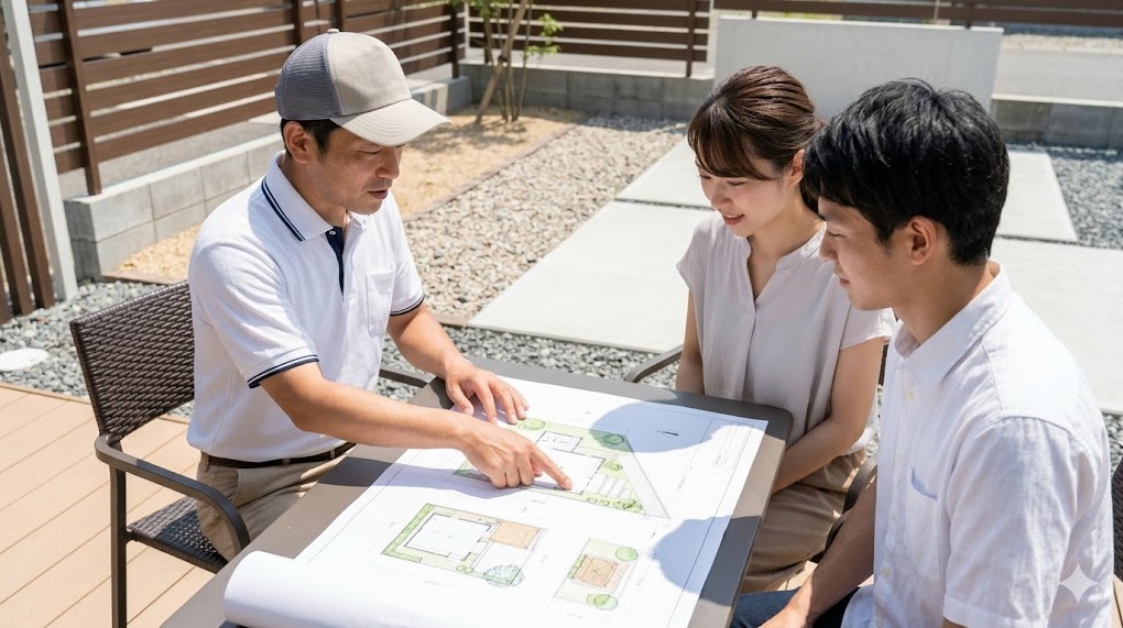 コンクリート面積削減やオープン外構の採用