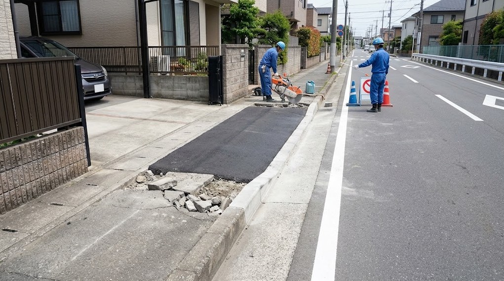 境界の段差は歩道切り下げ工事で