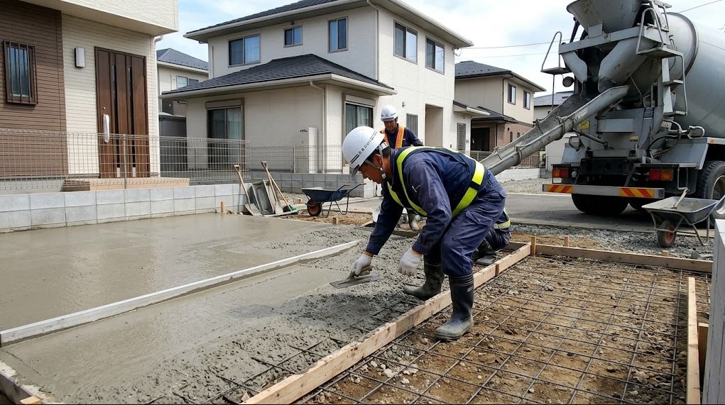 駐車場の土間コンクリート打設